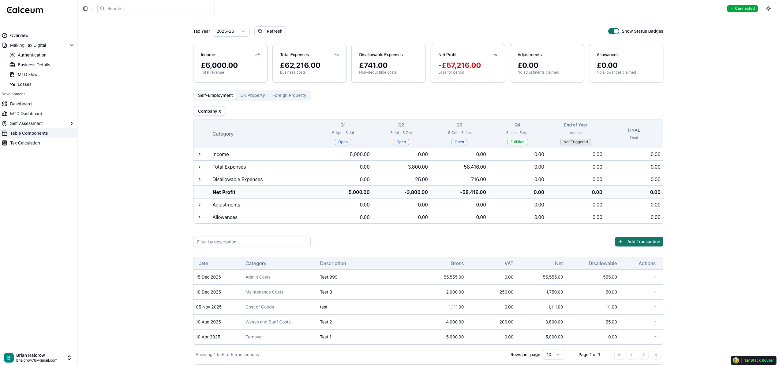 Calceum MTD-compliant bookkeeping dashboard preview